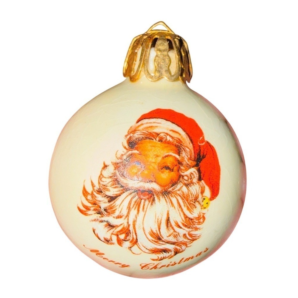 Ganz Vintage Santa Face Glass Christmas Ornament Merry Christmas White